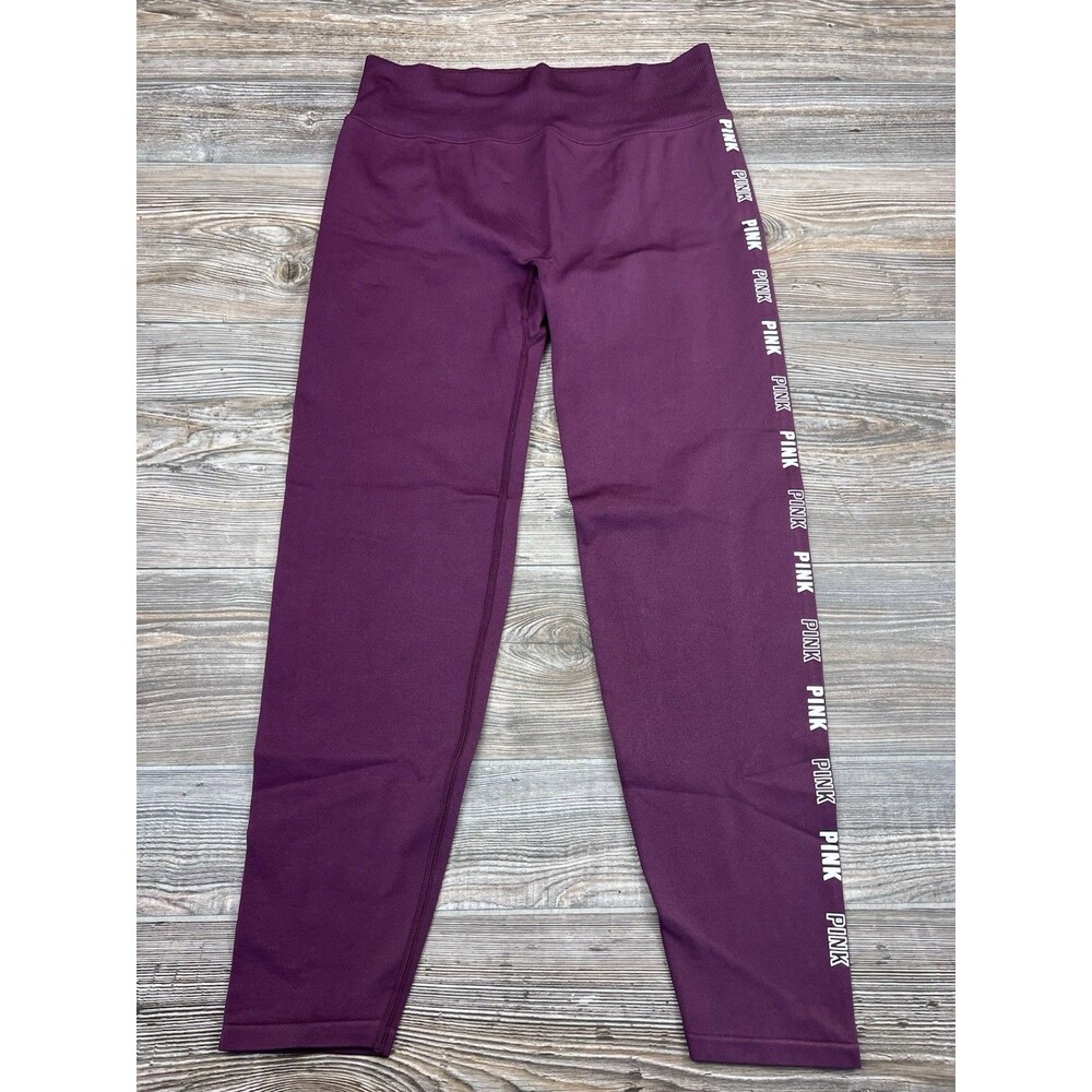 VICTORIA'S‎ SECRET Pink Active Leggings Burgundy PINK Spell-out Size L Gym Yoga